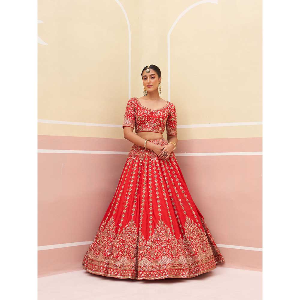 ANGAD SINGH Red Raw Silk Lehnga with Blouse & Dupatta (Set of 3)