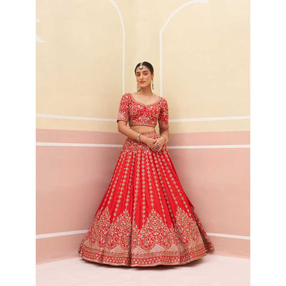 ANGAD SINGH Red Raw Silk Lehnga with Blouse & Dupatta (Set of 3)