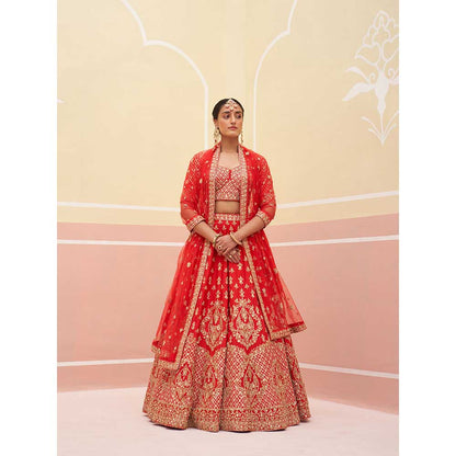 ANGAD SINGH Red Raw Silk Lehnga with Blouse & Dupatta (Set of 3)