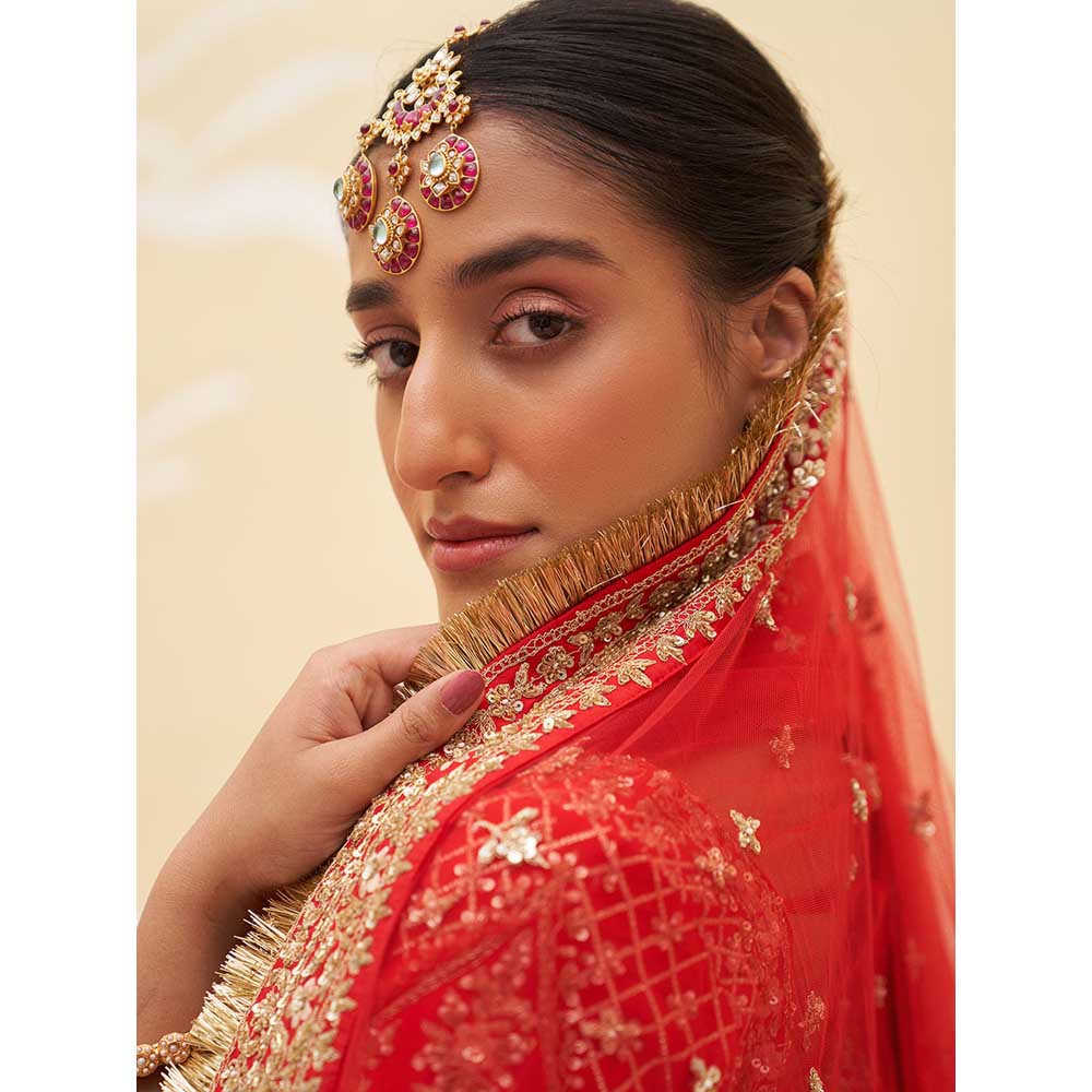 ANGAD SINGH Red Raw Silk Lehnga with Blouse & Dupatta (Set of 3)