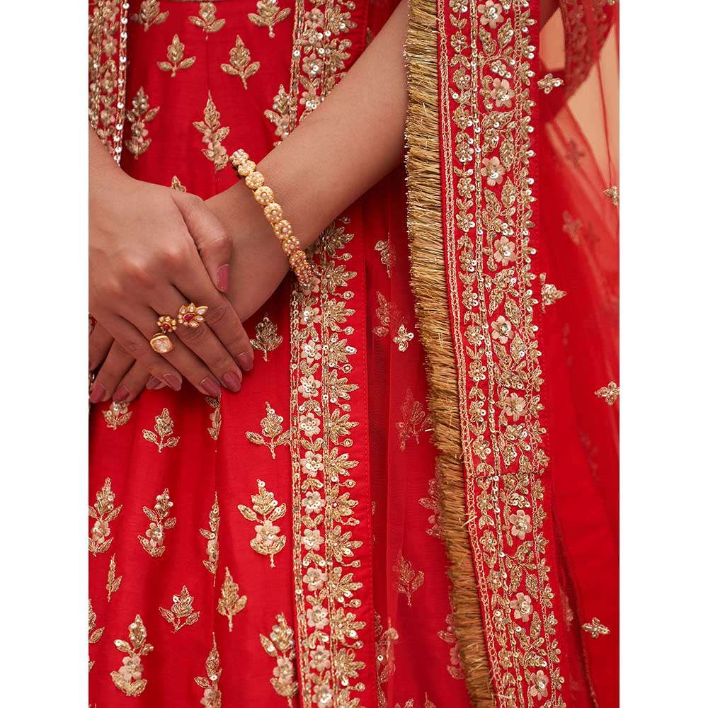 ANGAD SINGH Red Raw Silk Lehnga with Blouse & Dupatta (Set of 3)
