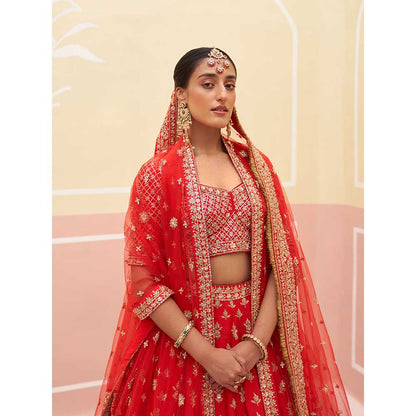 ANGAD SINGH Red Raw Silk Lehnga with Blouse & Dupatta (Set of 3)