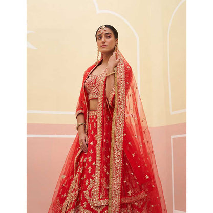 ANGAD SINGH Red Raw Silk Lehnga with Blouse & Dupatta (Set of 3)
