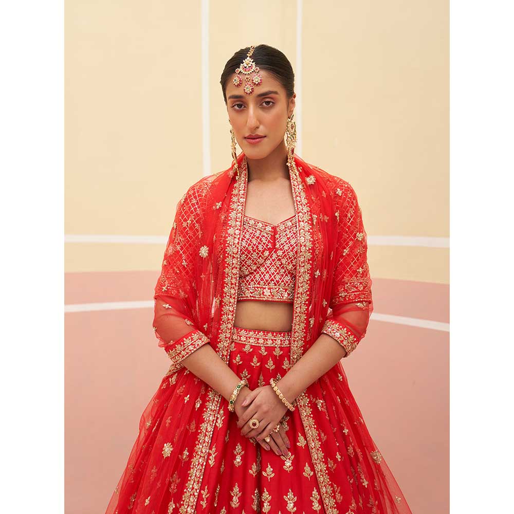 ANGAD SINGH Red Raw Silk Lehnga with Blouse & Dupatta (Set of 3)