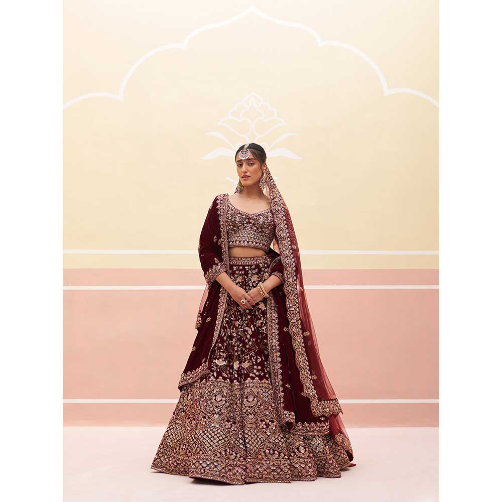 ANGAD SINGH Maroon Velvet Lehnga with Blouse & Dupatta (Set of 3)