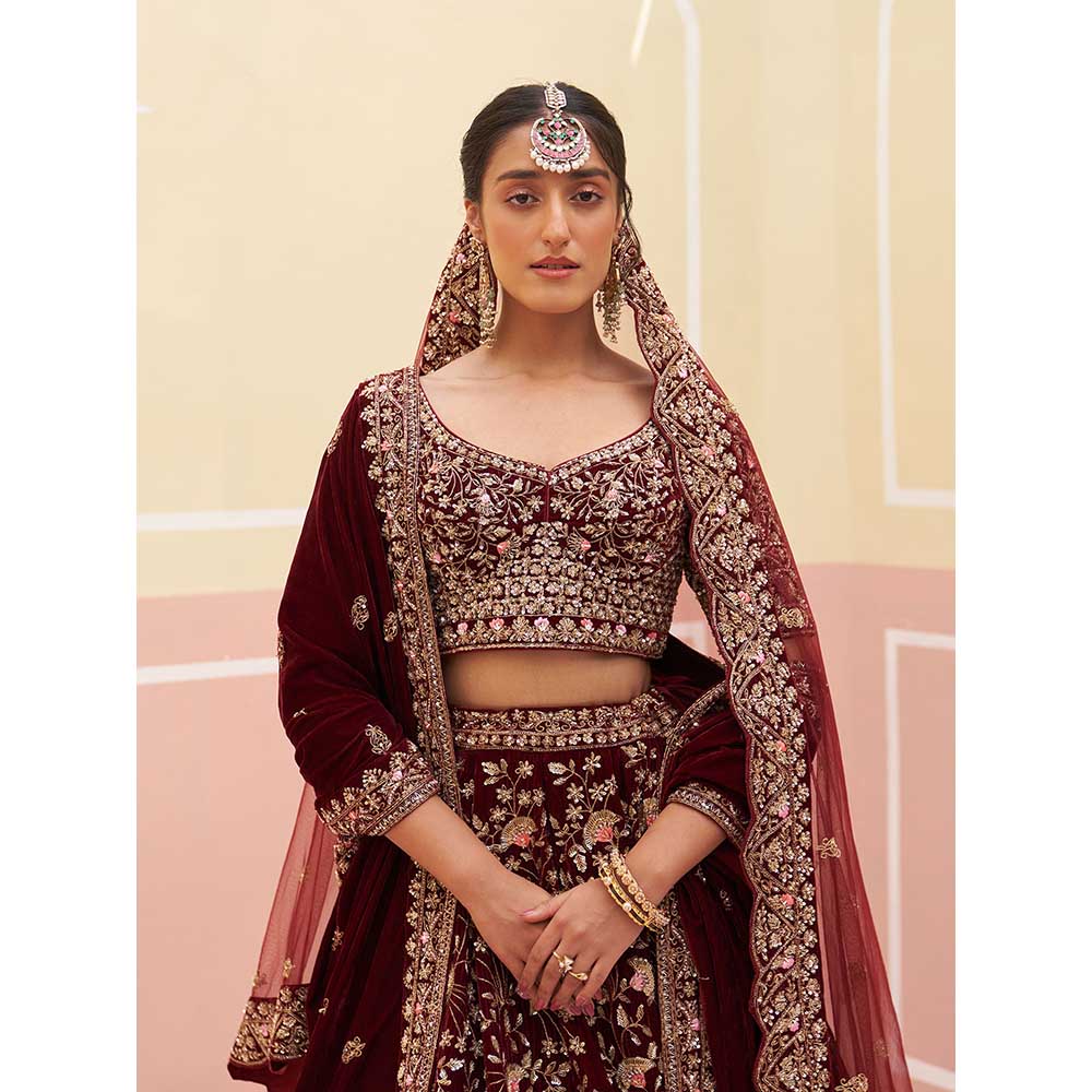 ANGAD SINGH Maroon Velvet Lehnga with Blouse & Dupatta (Set of 3)