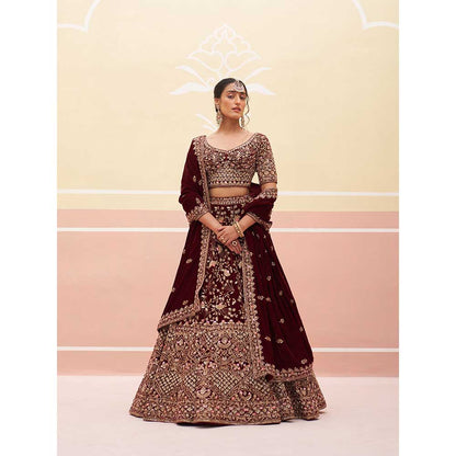 ANGAD SINGH Maroon Velvet Lehnga with Blouse & Dupatta (Set of 3)