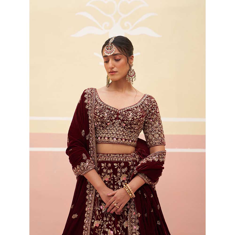 ANGAD SINGH Maroon Velvet Lehnga with Blouse & Dupatta (Set of 3)