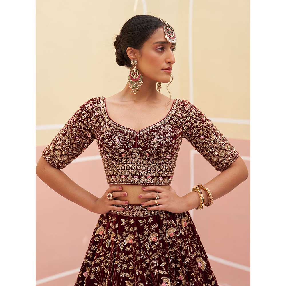 ANGAD SINGH Maroon Velvet Lehnga with Blouse & Dupatta (Set of 3)