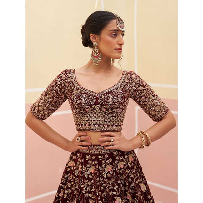 ANGAD SINGH Maroon Velvet Lehnga with Blouse & Dupatta (Set of 3)