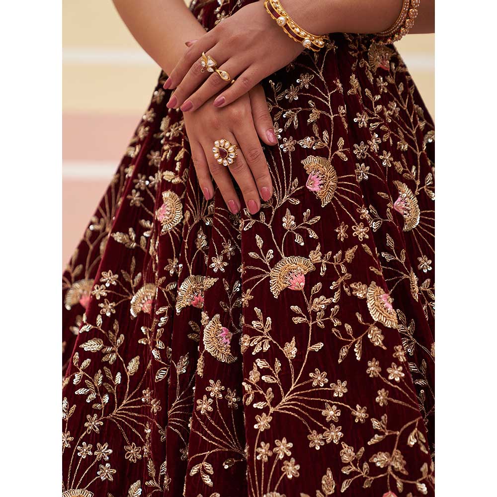 ANGAD SINGH Maroon Velvet Lehnga with Blouse & Dupatta (Set of 3)