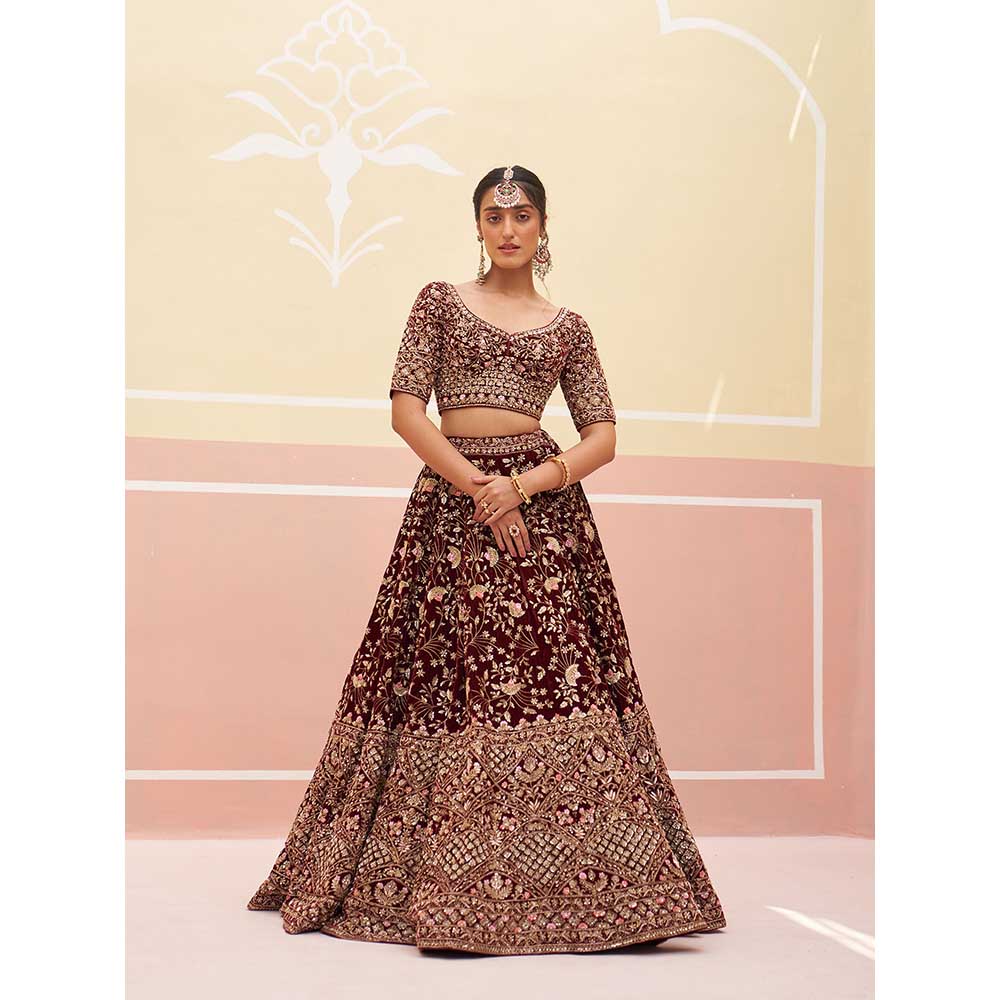 ANGAD SINGH Maroon Velvet Lehnga with Blouse & Dupatta (Set of 3)