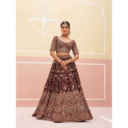 ANGAD SINGH Maroon Velvet Lehnga with Blouse & Dupatta (Set of 3)