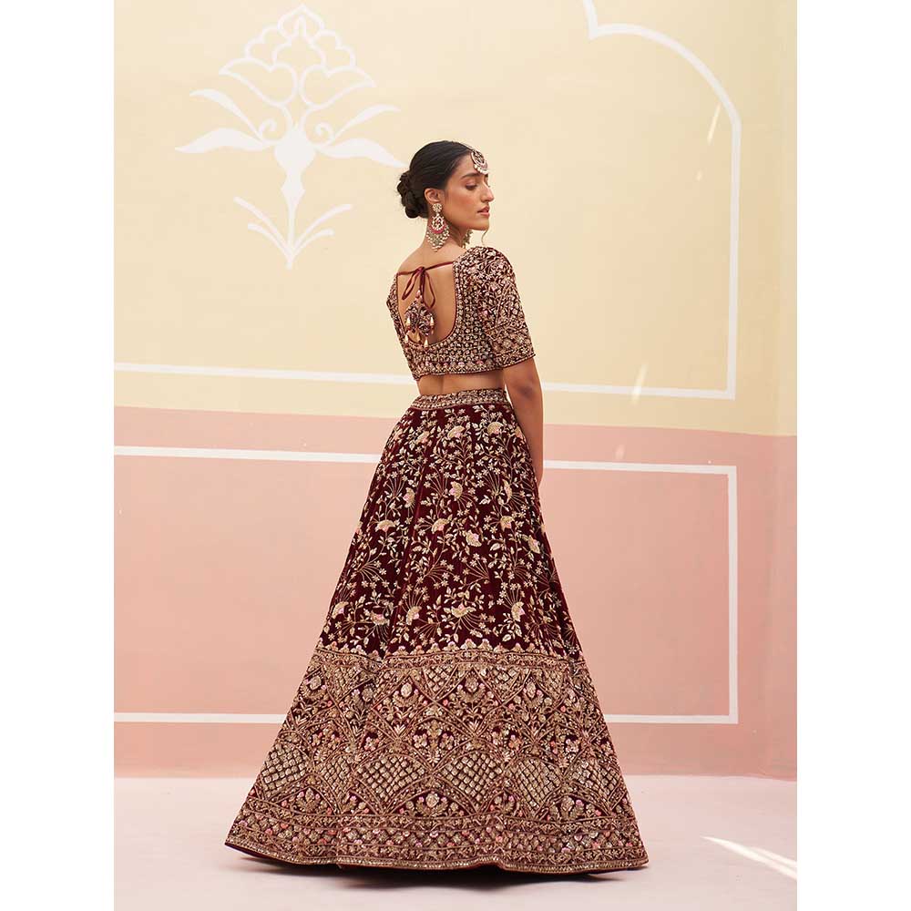 ANGAD SINGH Maroon Velvet Lehnga with Blouse & Dupatta (Set of 3)