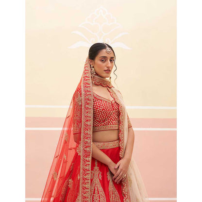 ANGAD SINGH Red Raw Silk Lehnga with Blouse & Dupatta (Set of 3)