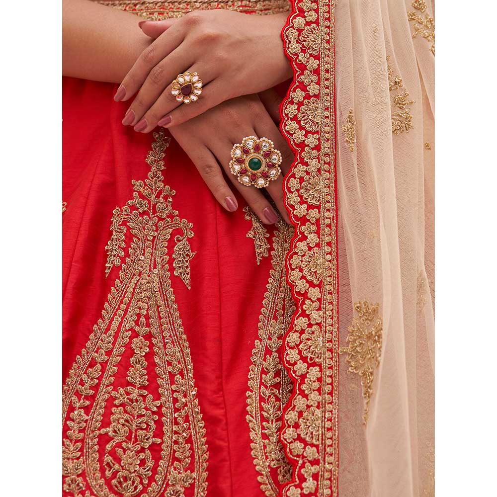 ANGAD SINGH Red Raw Silk Lehnga with Blouse & Dupatta (Set of 3)