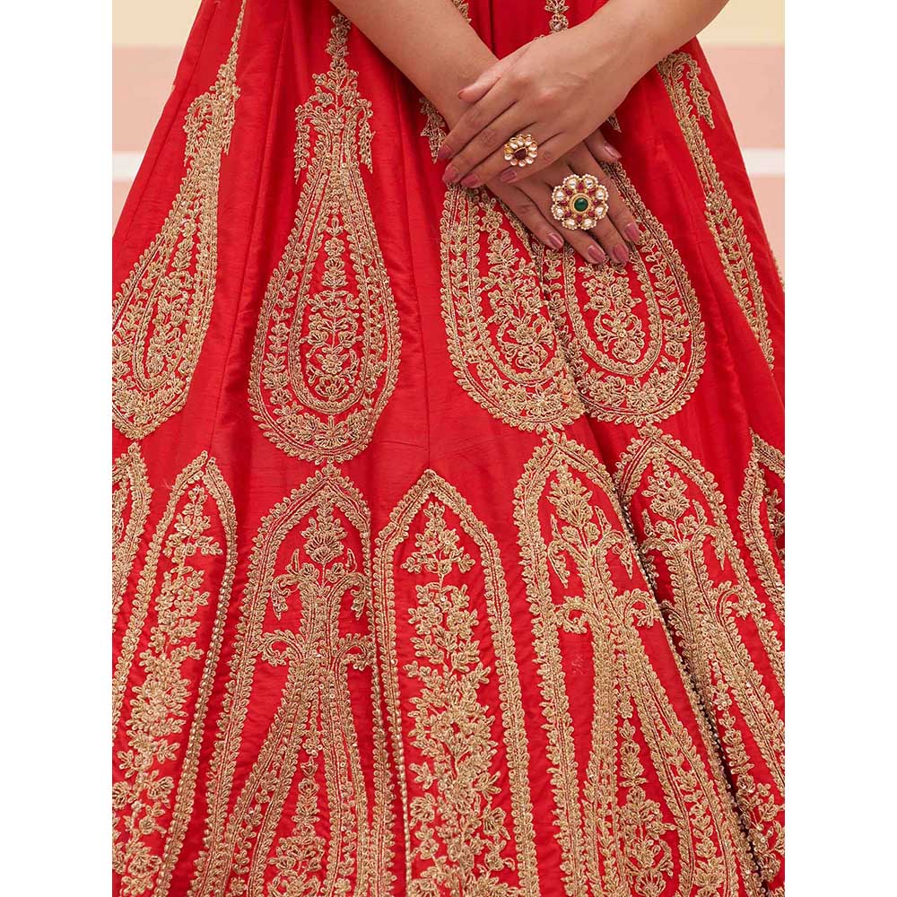 ANGAD SINGH Red Raw Silk Lehnga with Blouse & Dupatta (Set of 3)