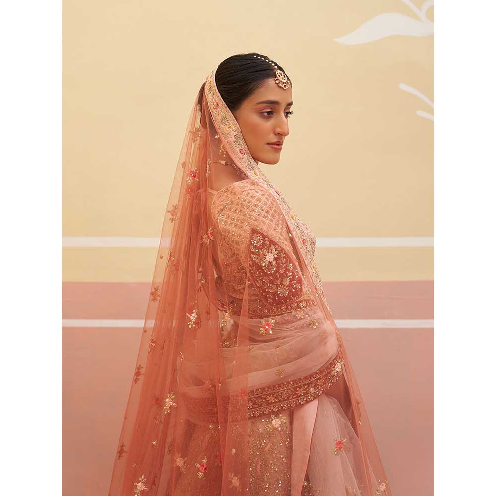 ANGAD SINGH Peach Organza Lehnga with Blouse & Dupatta (Set of 3)