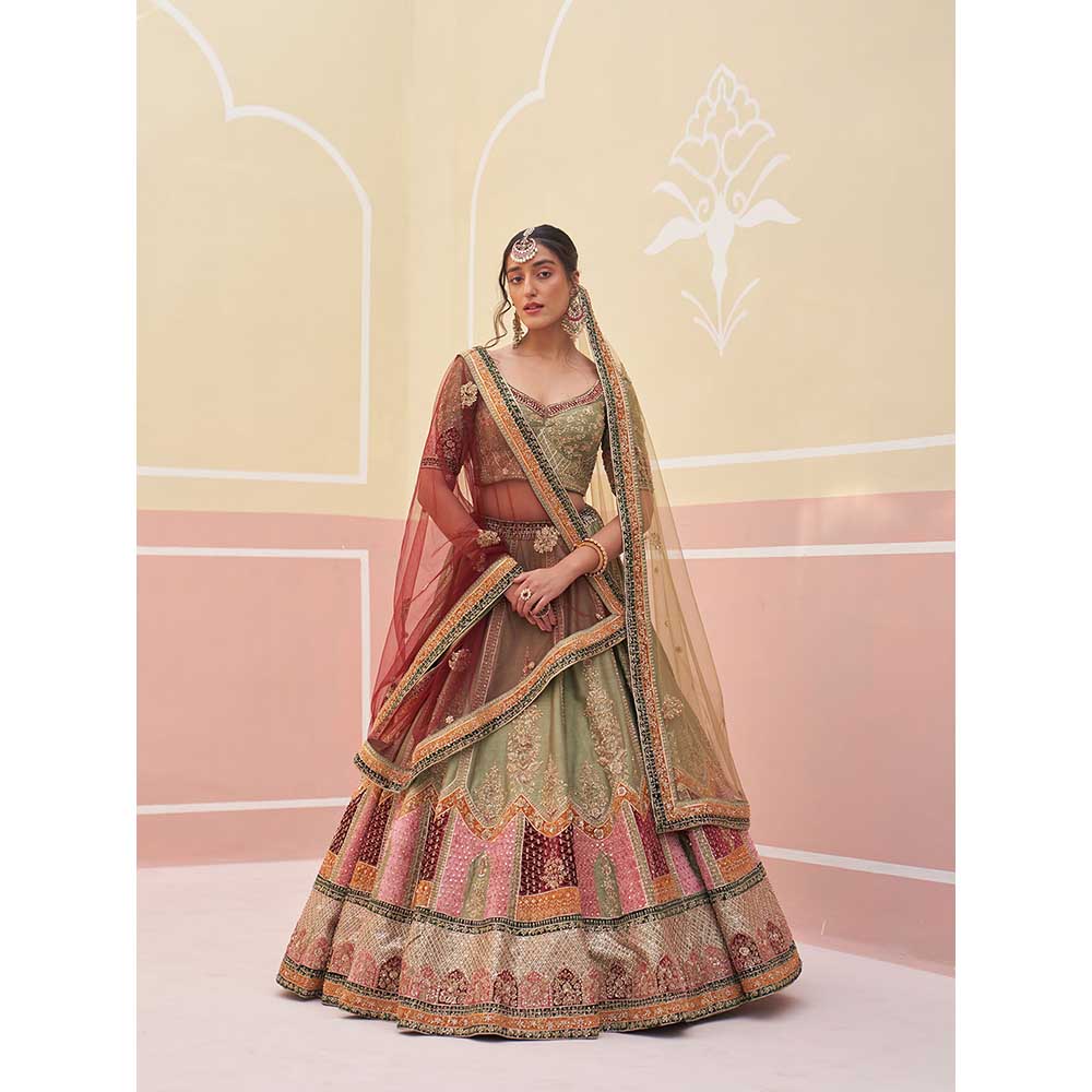 ANGAD SINGH Green Raw Silk Lehnga with Blouse & Dupatta (Set of 3)