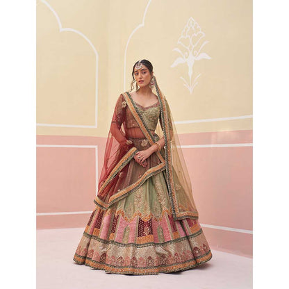 ANGAD SINGH Green Raw Silk Lehnga with Blouse & Dupatta (Set of 3)