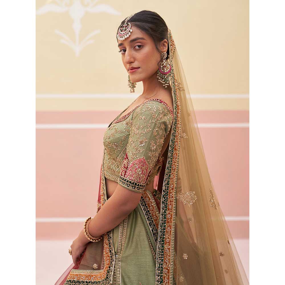 ANGAD SINGH Green Raw Silk Lehnga with Blouse & Dupatta (Set of 3)