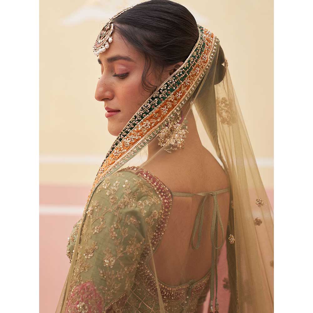 ANGAD SINGH Green Raw Silk Lehnga with Blouse & Dupatta (Set of 3)