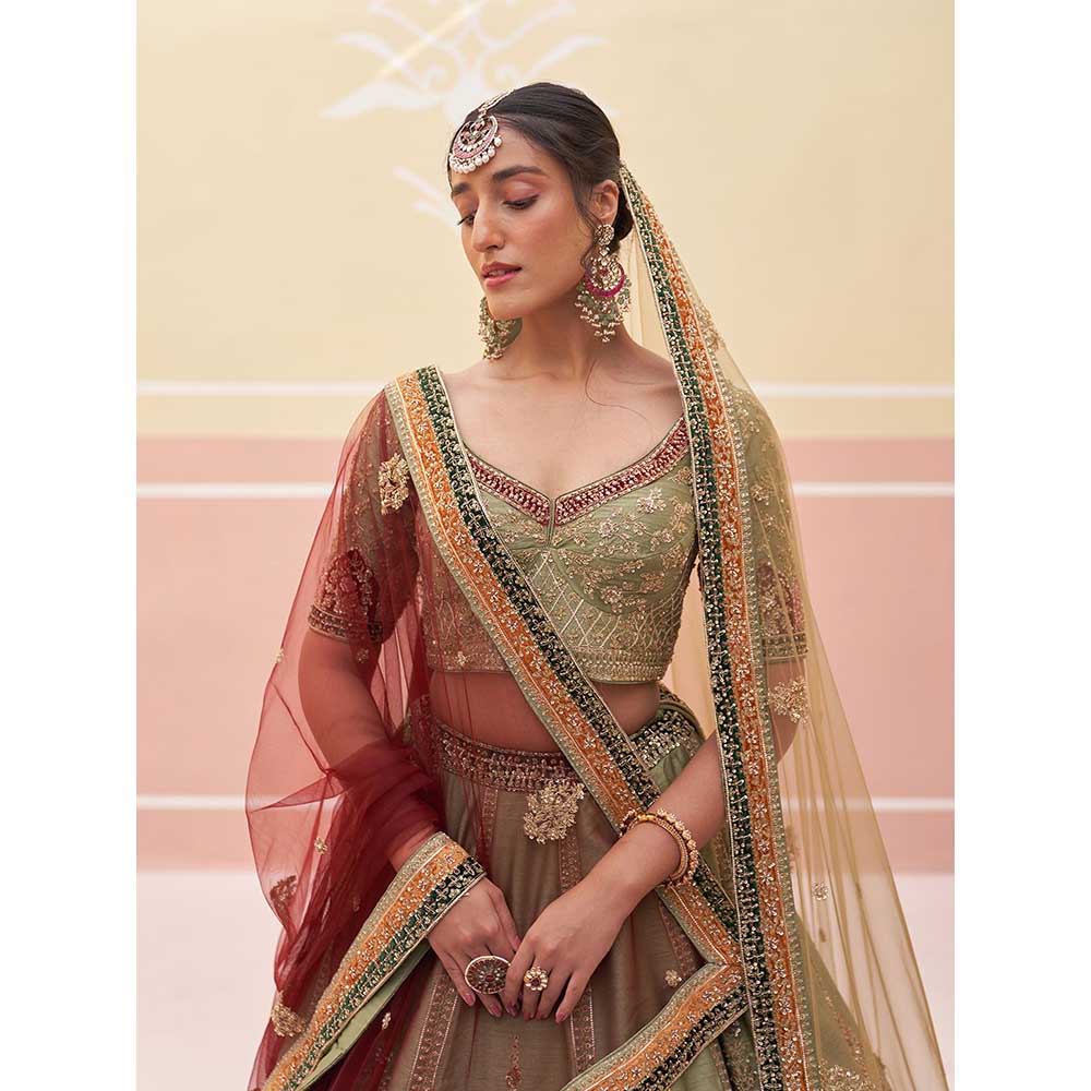 ANGAD SINGH Green Raw Silk Lehnga with Blouse & Dupatta (Set of 3)