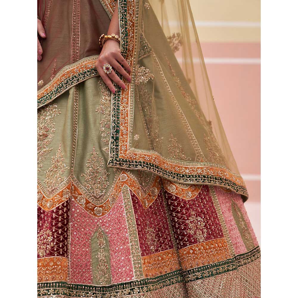 ANGAD SINGH Green Raw Silk Lehnga with Blouse & Dupatta (Set of 3)