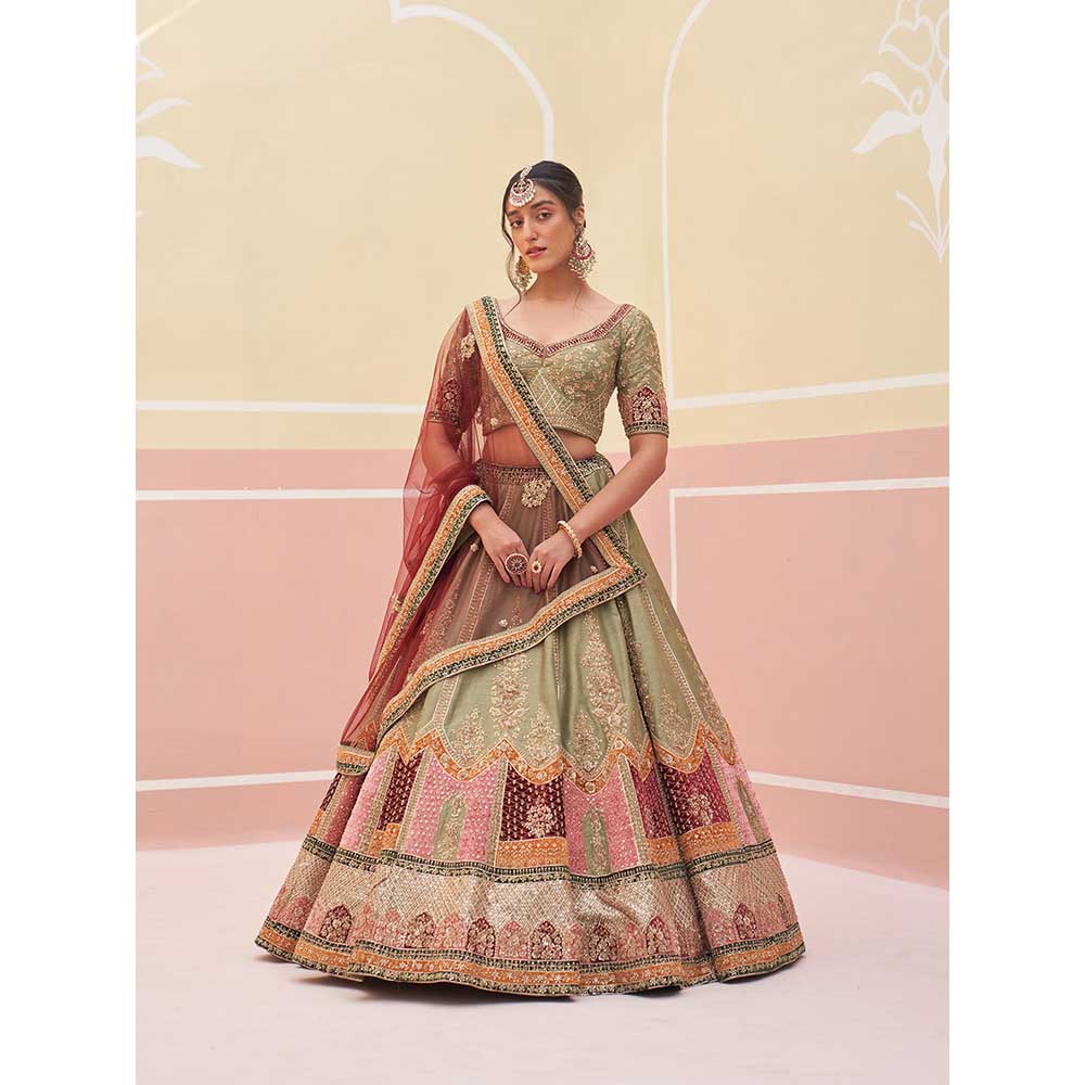 ANGAD SINGH Green Raw Silk Lehnga with Blouse & Dupatta (Set of 3)