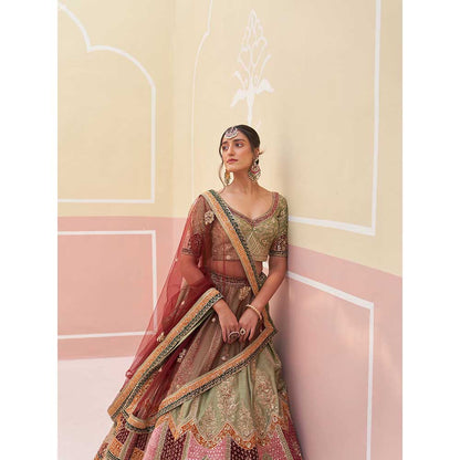 ANGAD SINGH Green Raw Silk Lehnga with Blouse & Dupatta (Set of 3)