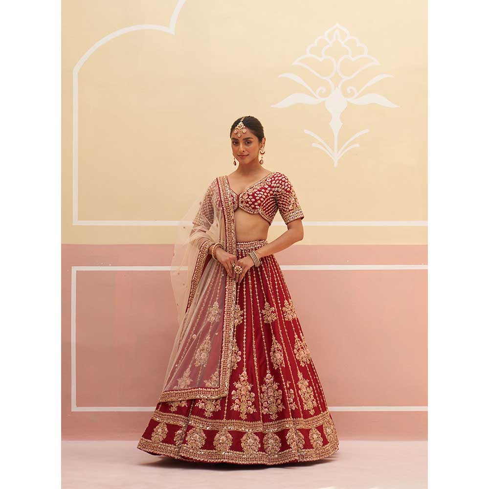 ANGAD SINGH Maroon Raw Silk Lehnga with Blouse & Dupatta (Set of 3)