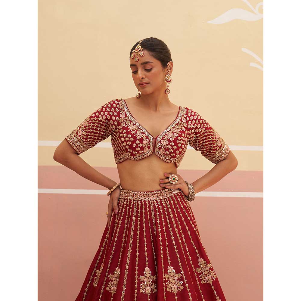 ANGAD SINGH Maroon Raw Silk Lehnga with Blouse & Dupatta (Set of 3)