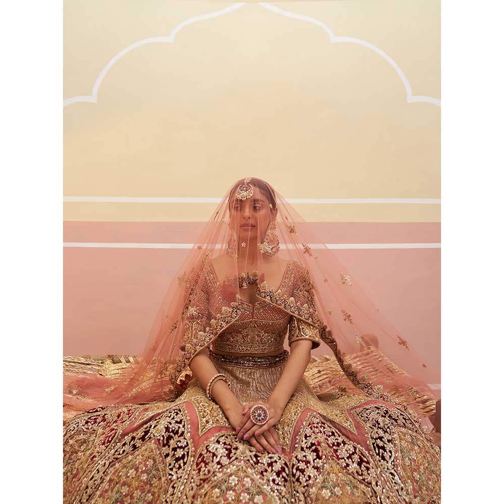 ANGAD SINGH Onion Pink Organza Lehnga with Blouse & Dupatta (Set of 3)