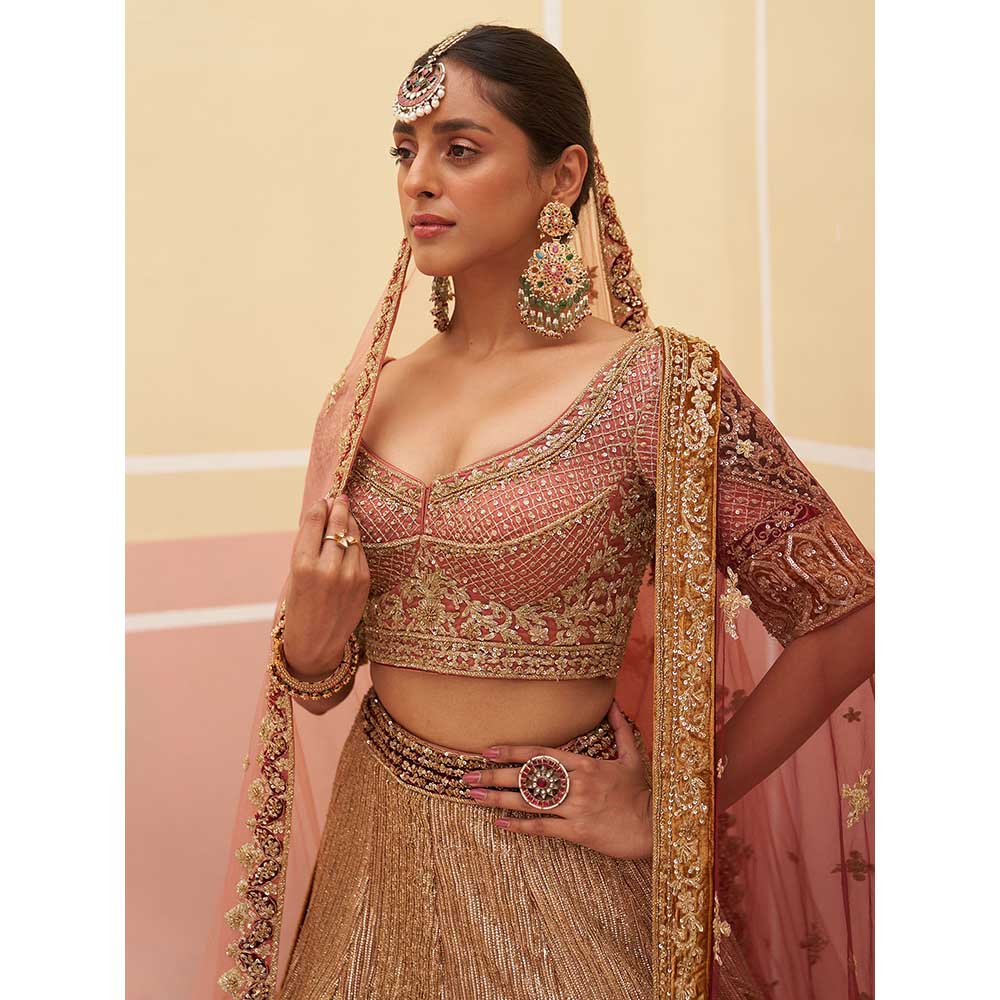 ANGAD SINGH Onion Pink Organza Lehnga with Blouse & Dupatta (Set of 3)