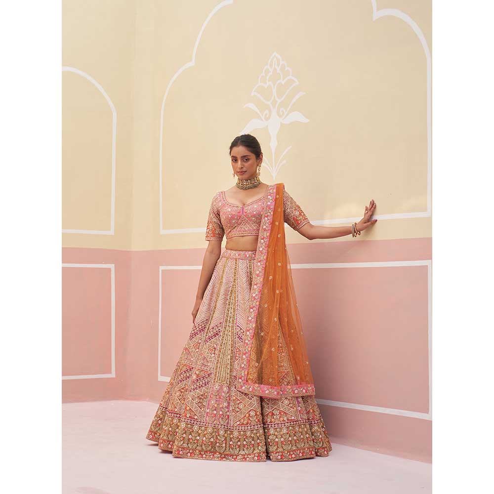 ANGAD SINGH Pink Organza Lehnga with Blouse & Dupatta (Set of 3)