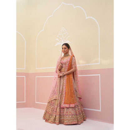 ANGAD SINGH Pink Organza Lehnga with Blouse & Dupatta (Set of 3)