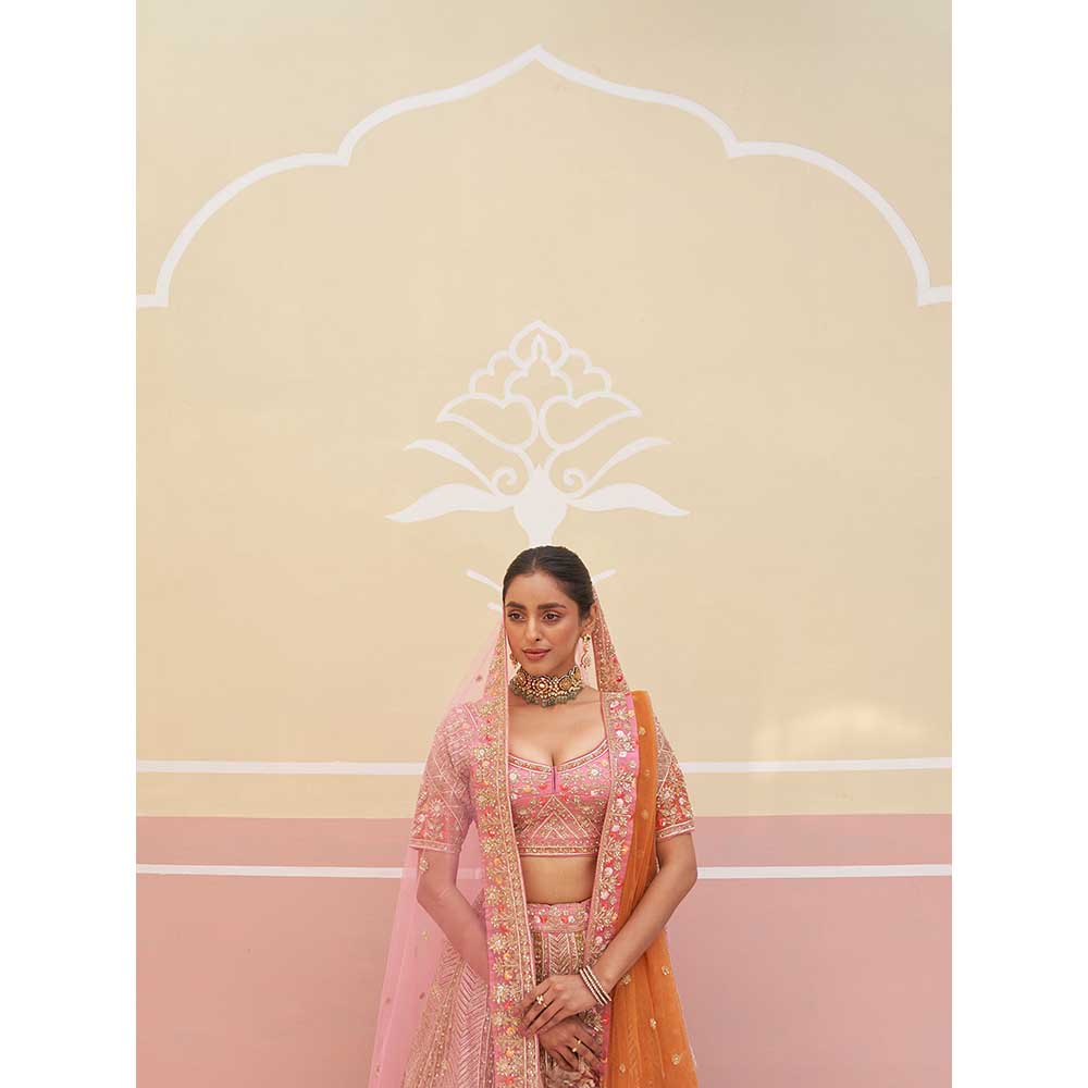 ANGAD SINGH Pink Organza Lehnga with Blouse & Dupatta (Set of 3)
