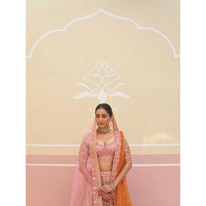 ANGAD SINGH Pink Organza Lehnga with Blouse & Dupatta (Set of 3)