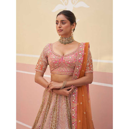 ANGAD SINGH Pink Organza Lehnga with Blouse & Dupatta (Set of 3)