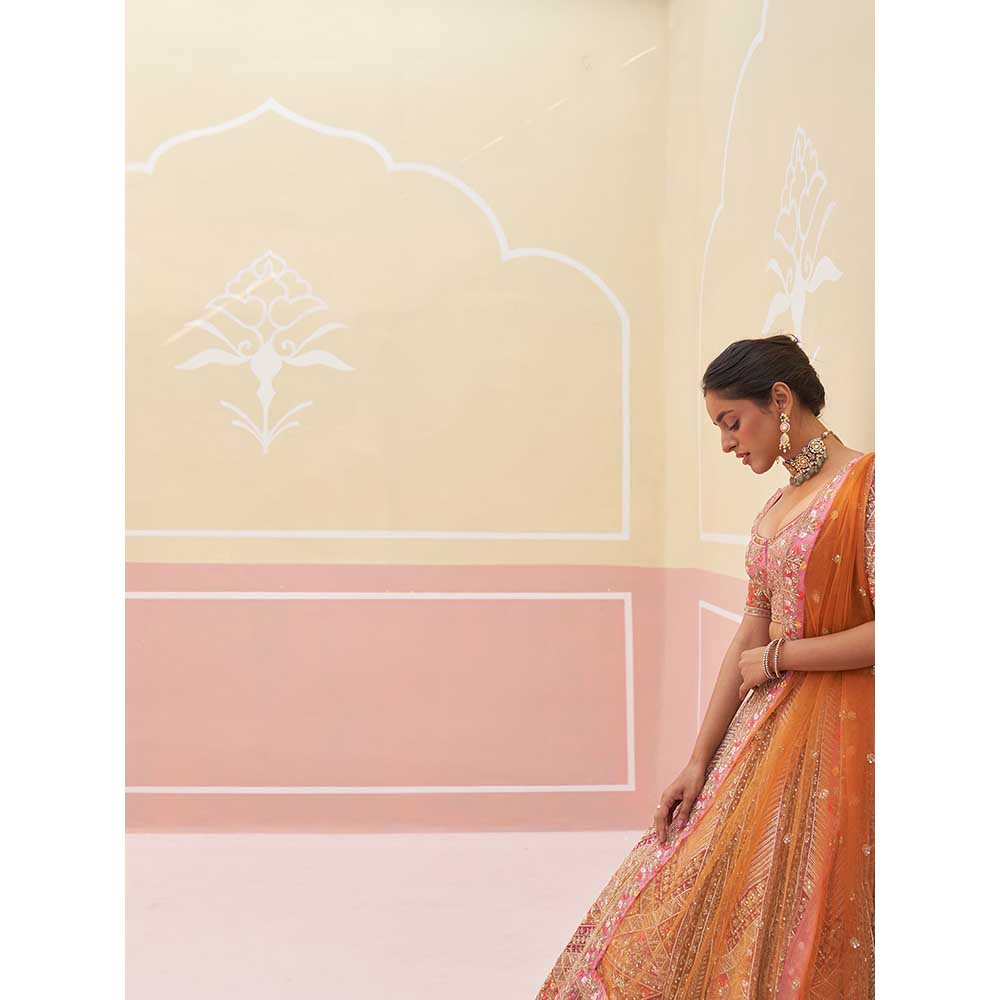 ANGAD SINGH Pink Organza Lehnga with Blouse & Dupatta (Set of 3)