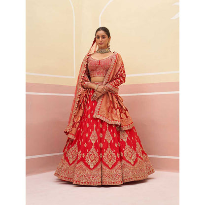 ANGAD SINGH Red Raw Silk Lehnga with Blouse & Dupatta (Set of 3)