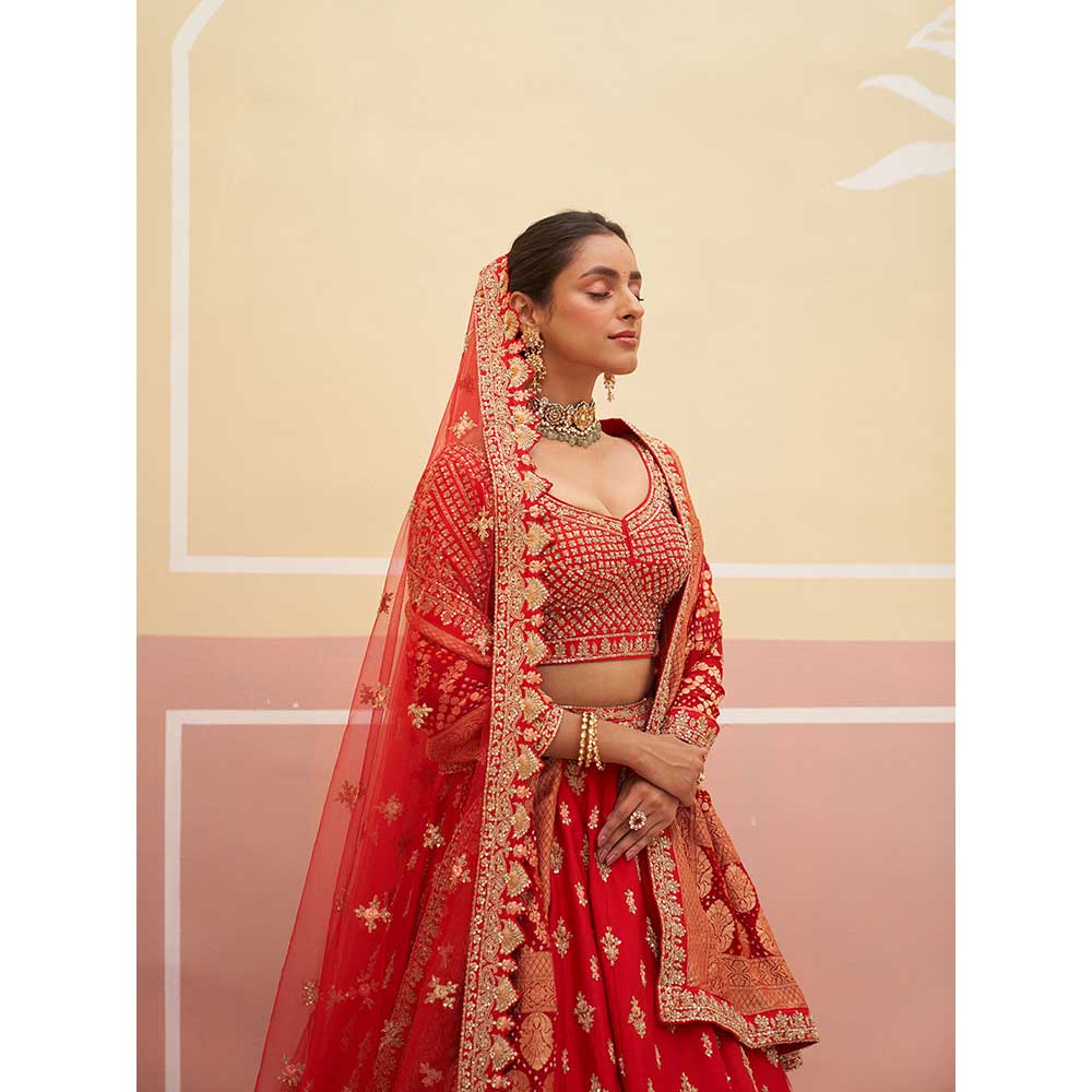 ANGAD SINGH Red Raw Silk Lehnga with Blouse & Dupatta (Set of 3)