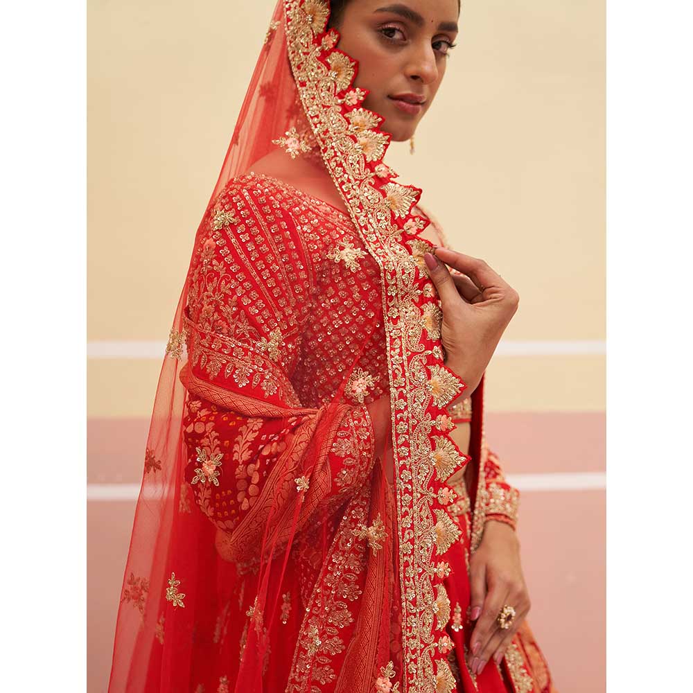 ANGAD SINGH Red Raw Silk Lehnga with Blouse & Dupatta (Set of 3)