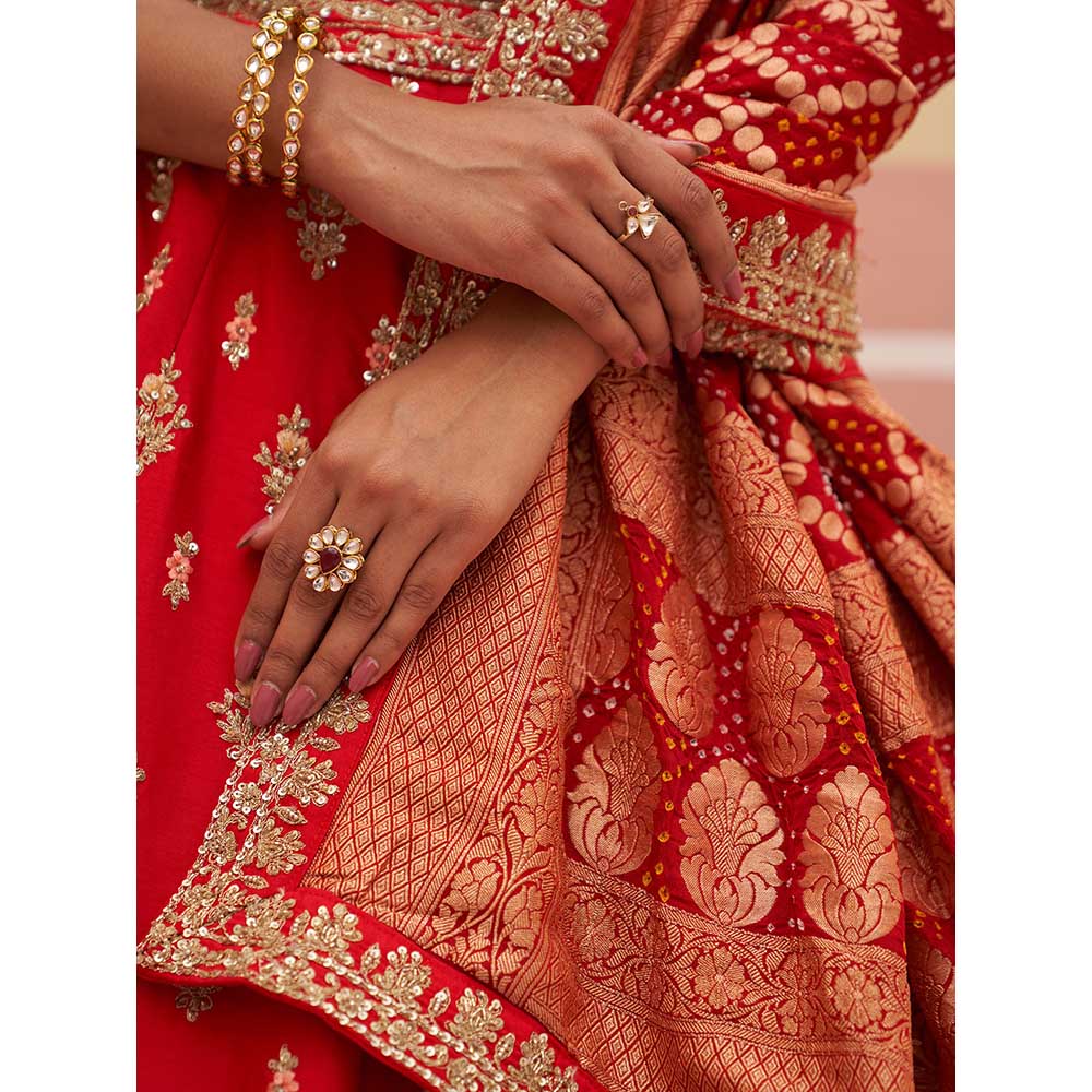 ANGAD SINGH Red Raw Silk Lehnga with Blouse & Dupatta (Set of 3)