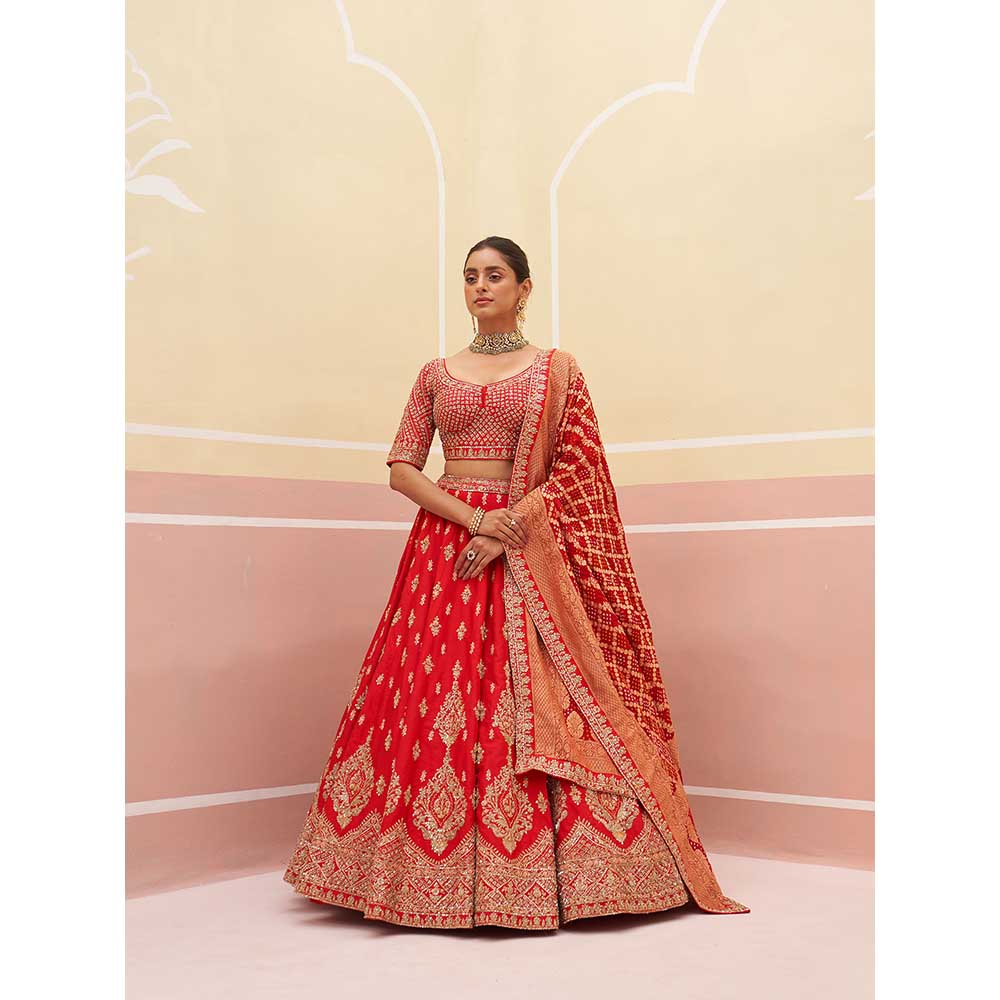 ANGAD SINGH Red Raw Silk Lehnga with Blouse & Dupatta (Set of 3)
