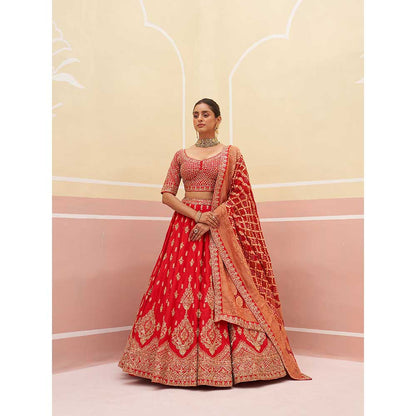 ANGAD SINGH Red Raw Silk Lehnga with Blouse & Dupatta (Set of 3)