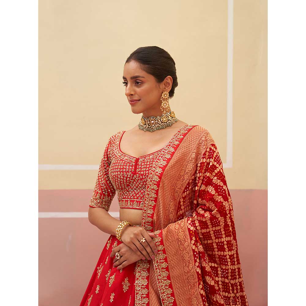 ANGAD SINGH Red Raw Silk Lehnga with Blouse & Dupatta (Set of 3)