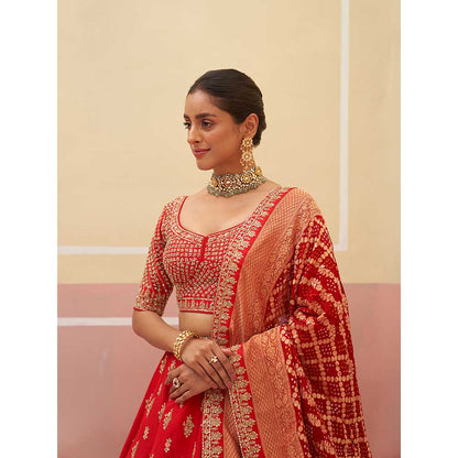 ANGAD SINGH Red Raw Silk Lehnga with Blouse & Dupatta (Set of 3)