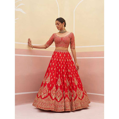 ANGAD SINGH Red Raw Silk Lehnga with Blouse & Dupatta (Set of 3)