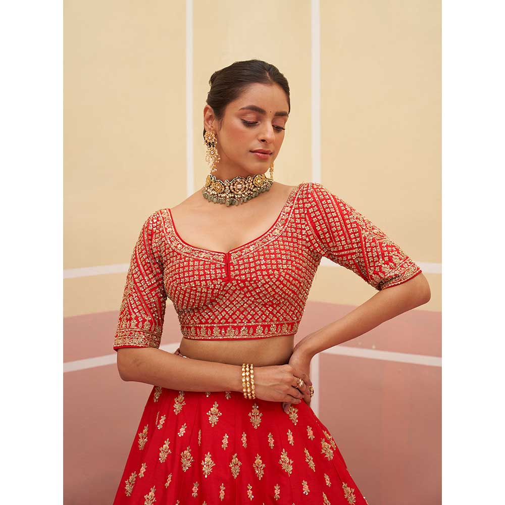 ANGAD SINGH Red Raw Silk Lehnga with Blouse & Dupatta (Set of 3)